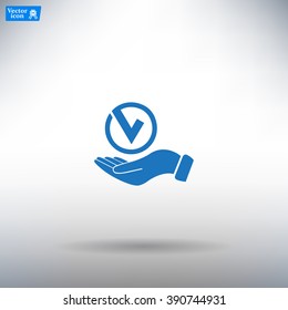 Tick with hand icon, vector illustration. Flat design style