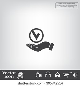 Tick with hand icon, vector illustration. Flat design style