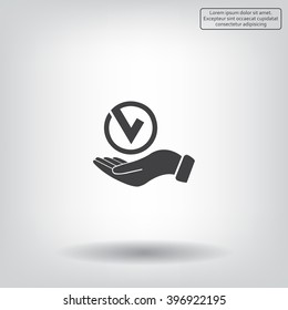 Tick with hand icon, vector illustration. Flat design style
