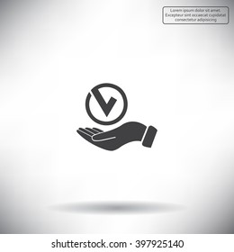 Tick with hand icon, vector illustration. Flat design style