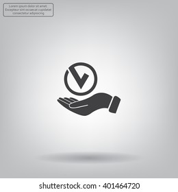 Tick with hand icon, vector illustration. Flat design style