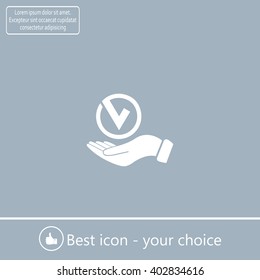 Tick with hand icon, vector illustration. Flat design style