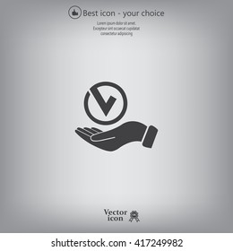 Tick with hand icon, vector illustration. Flat design style