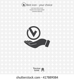 Tick with hand icon, vector illustration. Flat design style
