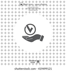 Tick with hand icon, vector illustration. Flat design style