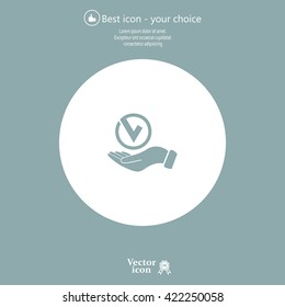 Tick with hand icon, vector illustration. Flat design style