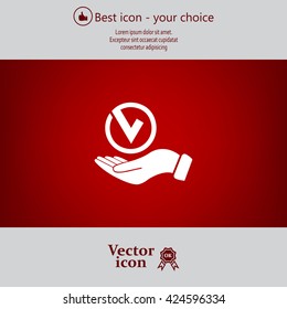 Tick with hand icon, vector illustration. Flat design style
