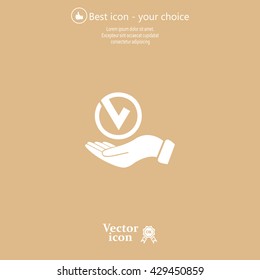 Tick with hand icon, vector illustration. Flat design style