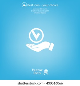 Tick with hand icon, vector illustration. Flat design style