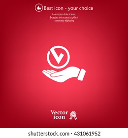 Tick with hand icon, vector illustration. Flat design style