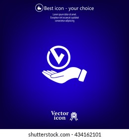 Tick with hand icon, vector illustration. Flat design style