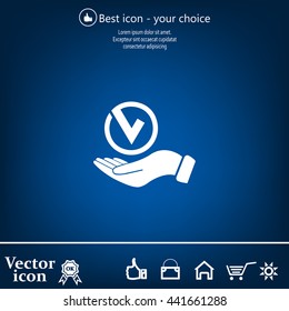 Tick with hand icon, vector illustration. Flat design style