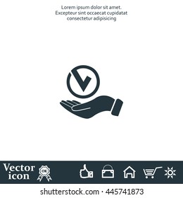 Tick with hand icon, vector illustration. Flat design style