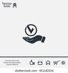 Tick with hand icon, vector illustration. Flat design style