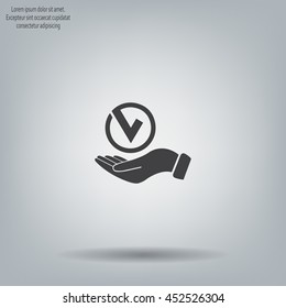 Tick with hand icon, vector illustration. Flat design style