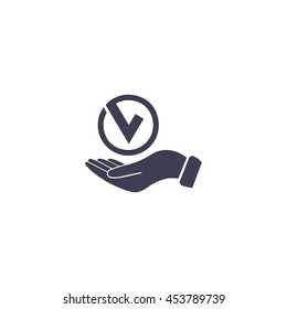Tick with hand icon, vector illustration. Flat design style