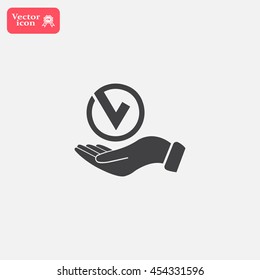 Tick with hand icon, vector illustration. Flat design style