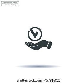 Tick with hand icon, vector illustration. Flat design style