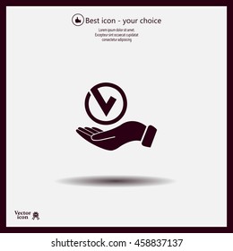 Tick with hand icon, vector illustration. Flat design style