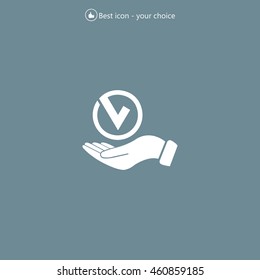 Tick with hand icon, vector illustration. Flat design style