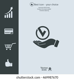 Tick with hand icon, vector illustration. Flat design style