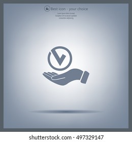 Tick with hand icon, vector illustration. Flat design style