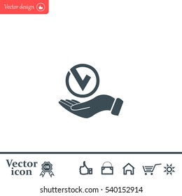 Tick with hand icon, vector illustration. Flat design style