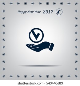 Tick with hand icon, vector illustration. Flat design style
