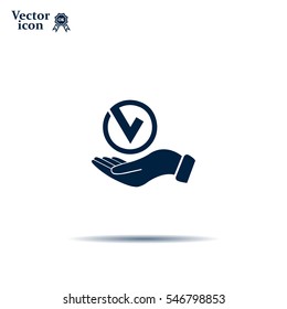 Tick with hand icon, vector illustration. Flat design style