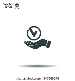 Tick with hand icon, vector illustration. Flat design style