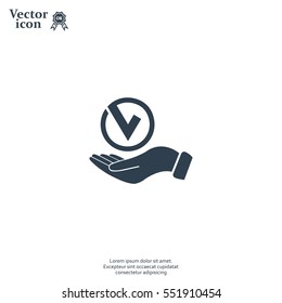 Tick with hand icon, vector illustration. Flat design style