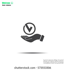 Tick with hand icon, vector illustration. Flat design style