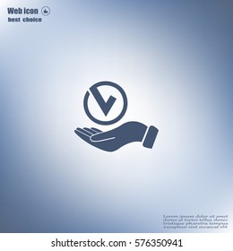 Tick with hand icon, vector illustration. Flat design style
