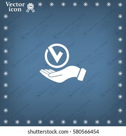 Tick with hand icon, vector illustration. Flat design style
