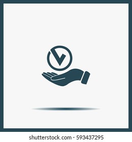 Tick with hand icon, vector illustration. Flat design style