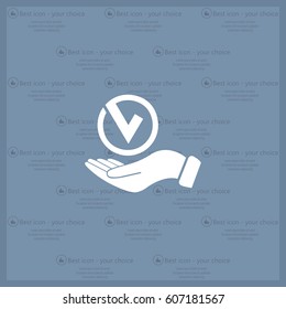 Tick with hand icon, vector illustration. Flat design style