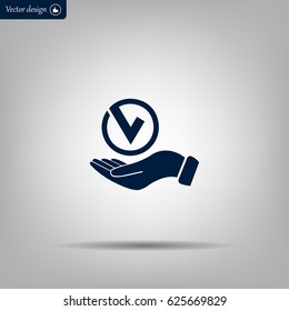Tick with hand icon, vector illustration. Flat design style