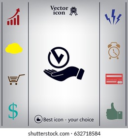Tick with hand icon, vector illustration. Flat design style