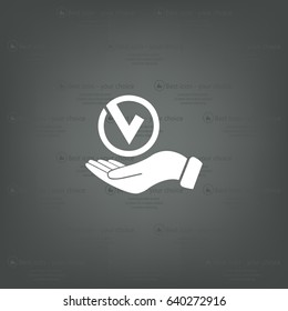 Tick with hand icon, vector illustration. Flat design style