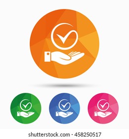 Tick and hand sign icon. Palm holds check mark symbol. Triangular low poly button with flat icon. Vector