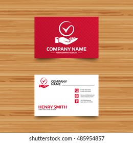 Tick and hand sign icon. Palm holds check mark symbol. Business card template with phone, globe and pointer icons. Visiting card design. Vector