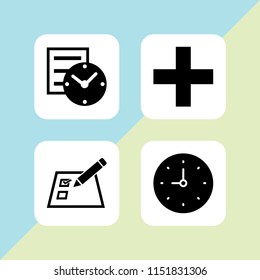 tick icon. 4 tick set with cross mark, checklist on a paper with a pencil and clock vector icons for web and mobile app