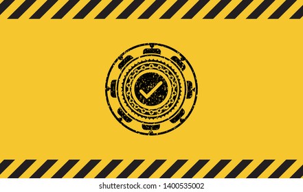 tick icon black grunge emblem, yellow warning sign. Vector Illustration. Detailed.
