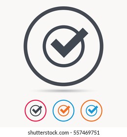 Tick icon. Check or confirm symbol. Colored circle buttons with flat web icon. Vector