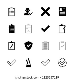 Tick icon. collection of 16 tick filled and outline icons such as shield, resume, metronome, cross, clipboard. editable tick icons for web and mobile.