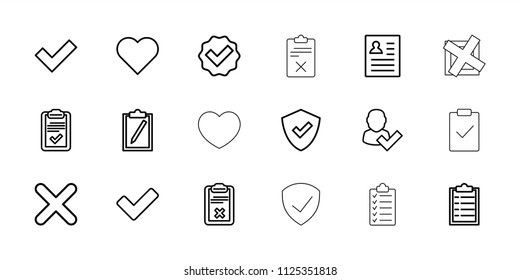 Tick icon. collection of 18 tick outline icons such as shield, heart, resume, checklist, clipboard. editable tick icons for web and mobile.