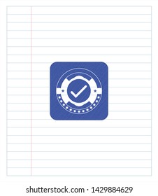 tick icon drawn with pen strokes. Blue ink. Vector Illustration. Detailed.