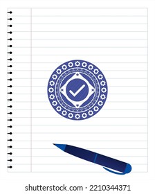 tick icon emblem draw with pen effect. Blue ink. Vector Illustration. Detailed. 