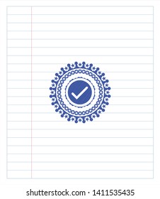 tick icon emblem with pen effect. Blue ink. Vector Illustration. Detailed.