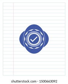 tick icon emblem with pen effect. Blue ink. Vector Illustration. Detailed.